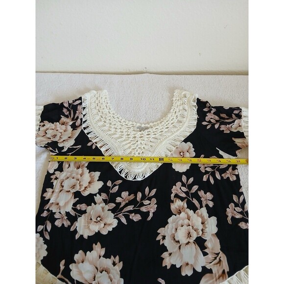 Crochet Fringe V Neck M short Sleeve Peasant Top Floral Tassels Lace Bohemian - Picture 10 of 14